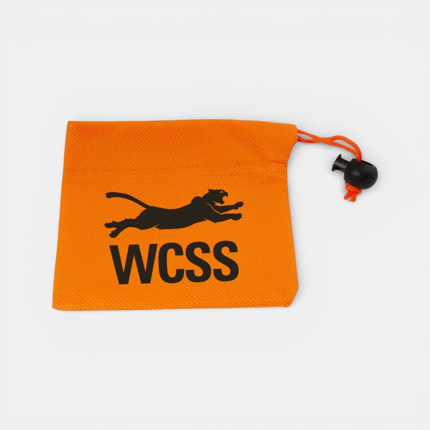 Impression M orange polypropylene drawstring pouch for wheel nuts and keys with black panther logo and WCSS text