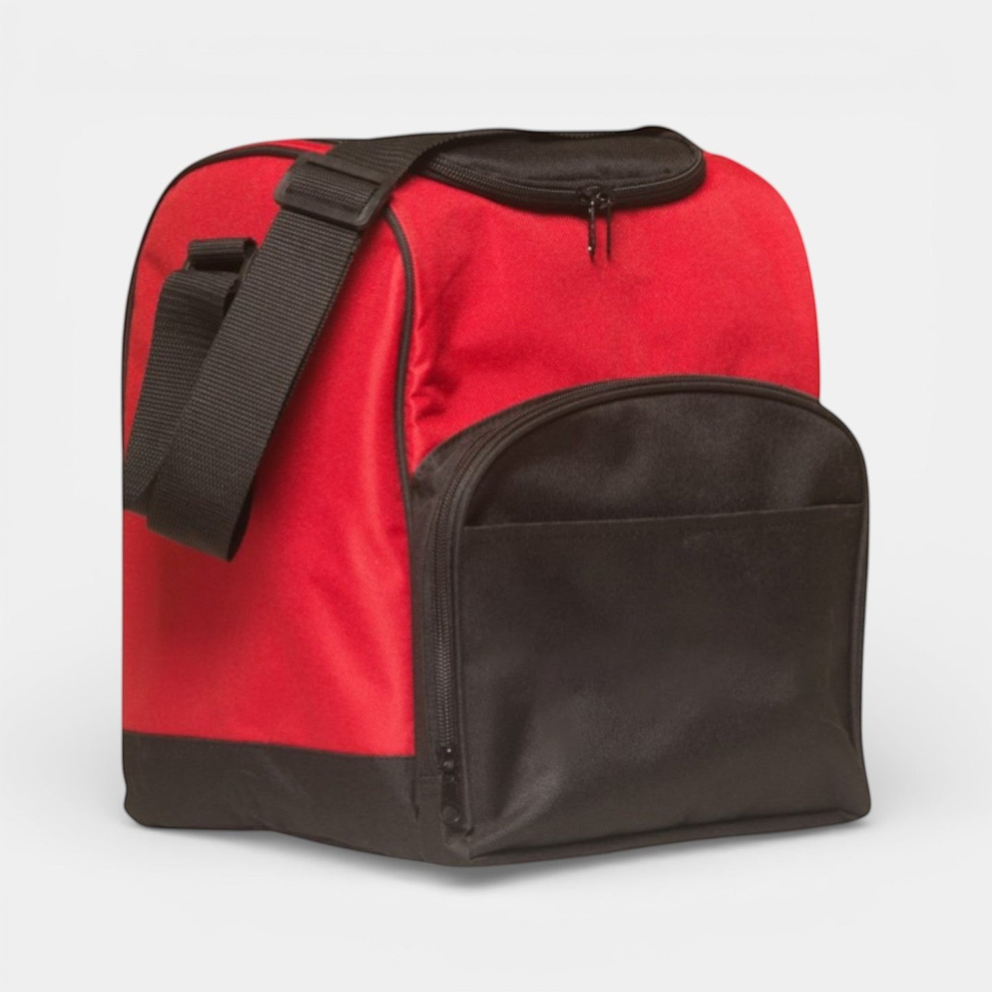 Impression M insulated red and black polyester lunch bag with adjustable shoulder strap and front storage pocket.