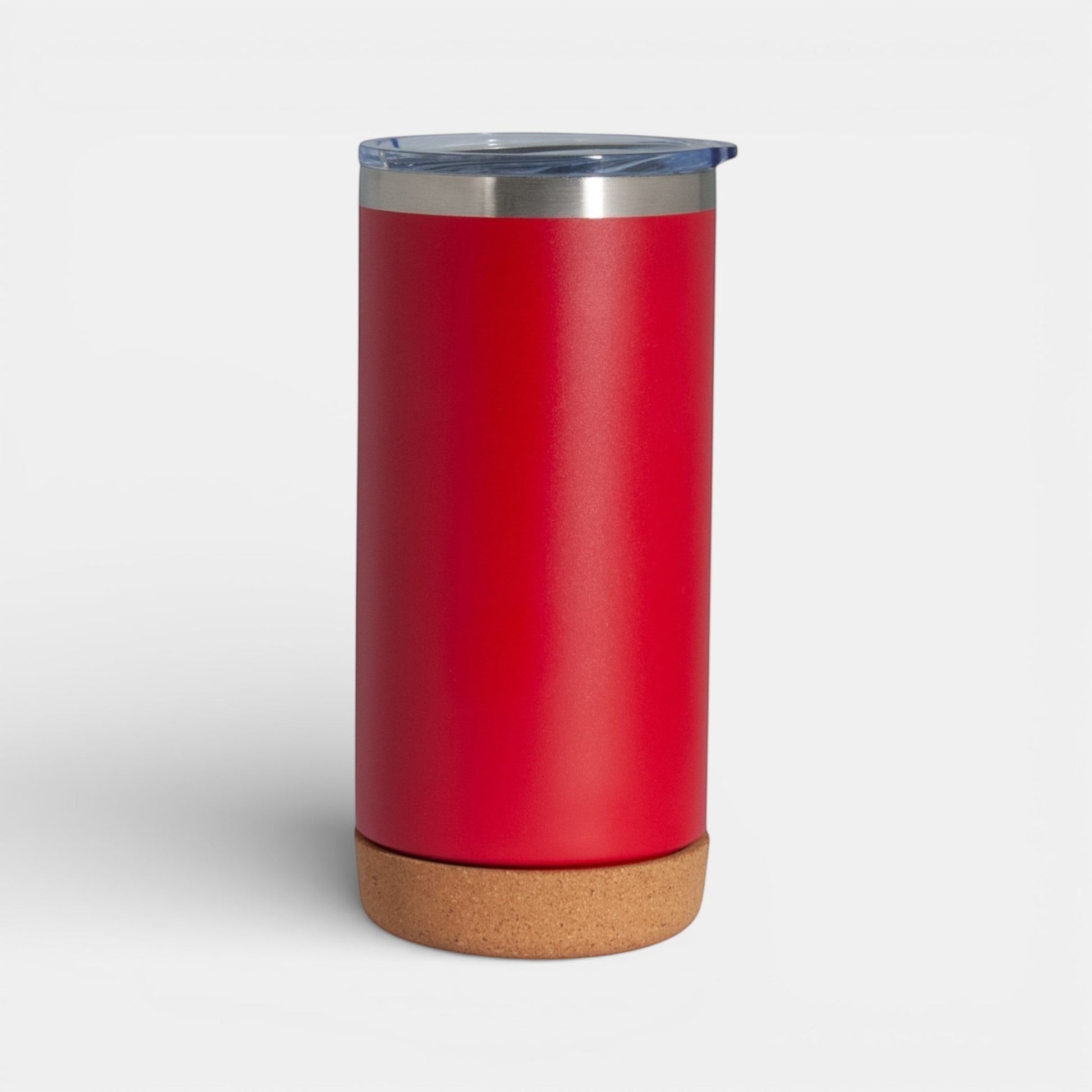Impression M red stainless steel insulated tumbler with a natural cork base and clear sliding lid