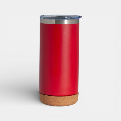 Impression M red stainless steel insulated tumbler with a natural cork base and clear sliding lid