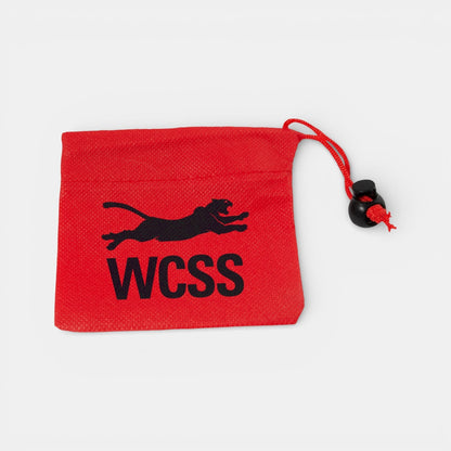 Impression M red non-woven polypropylene drawstring pouch for wheel nuts and tools with black WCSS logo