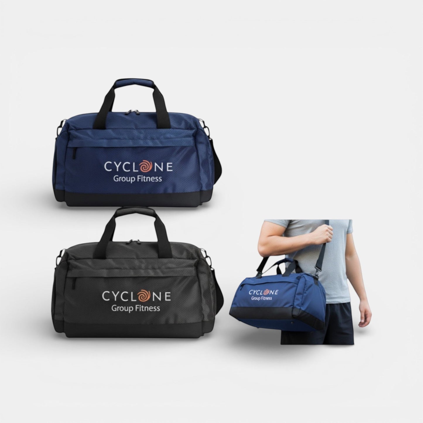 Impression M Chris 2068 blue and black Ripstop sports duffel bags with Cyclone Group Fitness branding