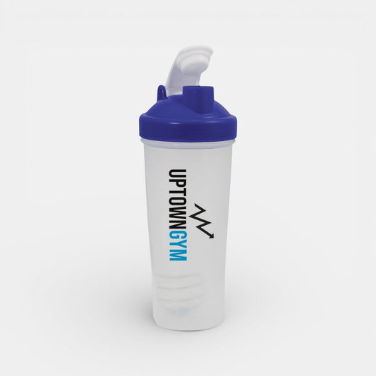 Impression M Shaker Corinthe 1575 clear plastic bottle with blue lid and Uptown Gym logo for fitness supplements