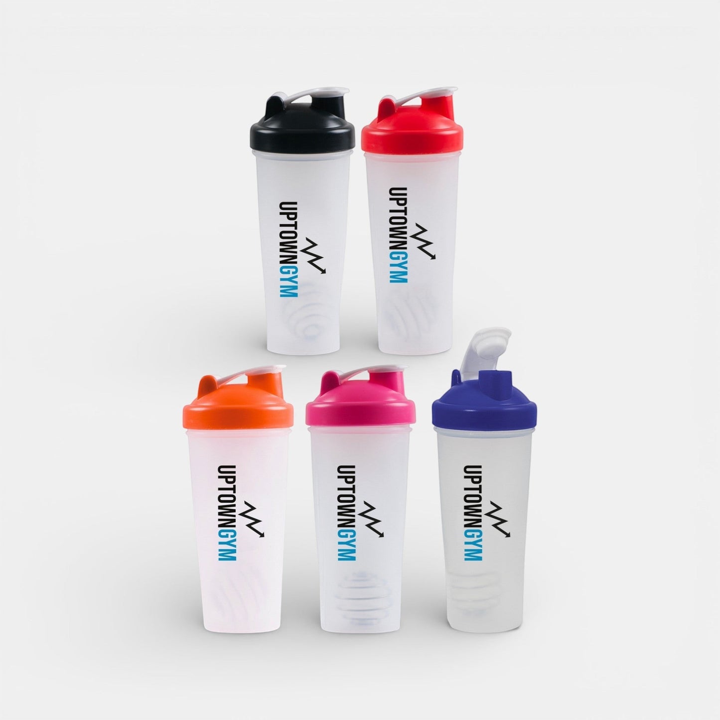 Impression M Shaker Corinthe 1575 plastic bottles with mixing balls in various lid colours and gym branding