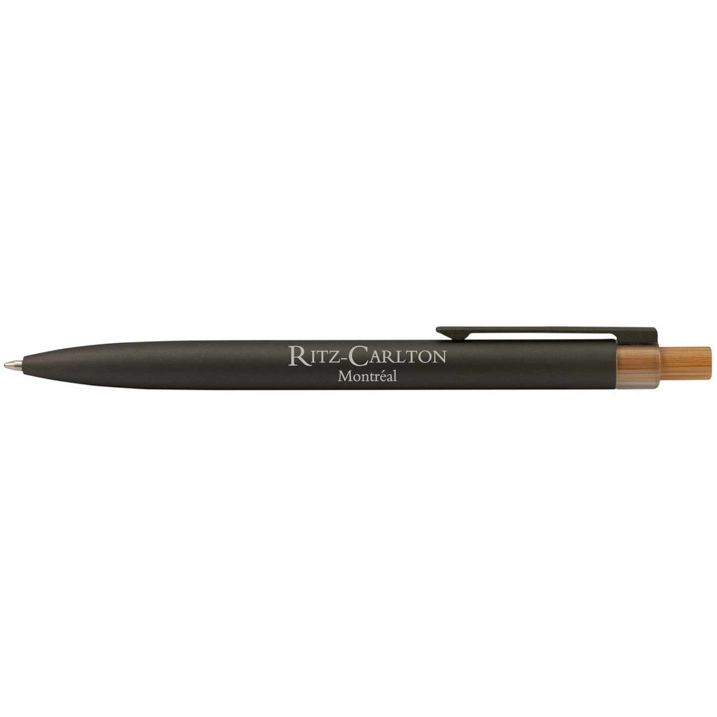 Impression M Stylo Crescendo 2040 ballpoint pen in black recycled aluminum with bamboo detail and custom branding