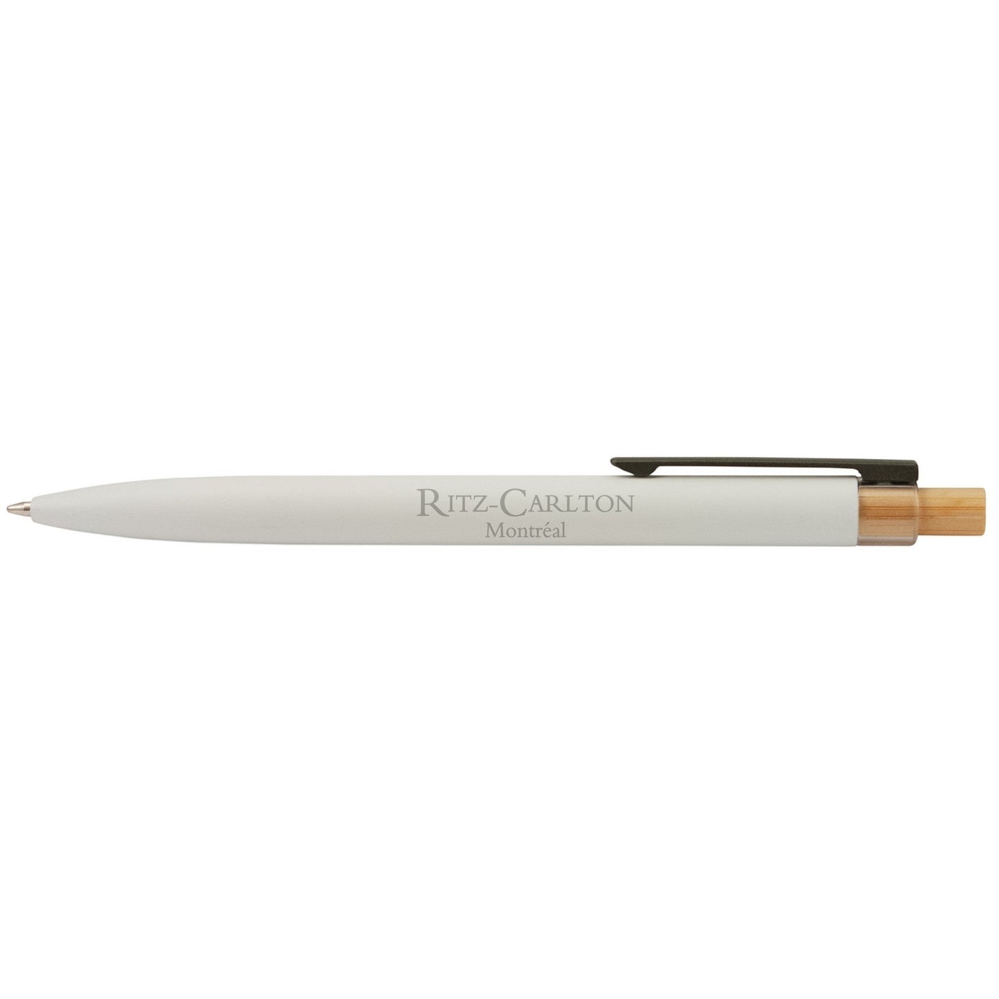 Impression M Stylo Crescendo 2040 ballpoint pen in white recycled aluminum with bamboo accents and Ritz-Carlton logo