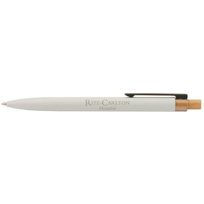 Impression M Stylo Crescendo 2040 ballpoint pen in white recycled aluminum with bamboo accents and Ritz-Carlton logo