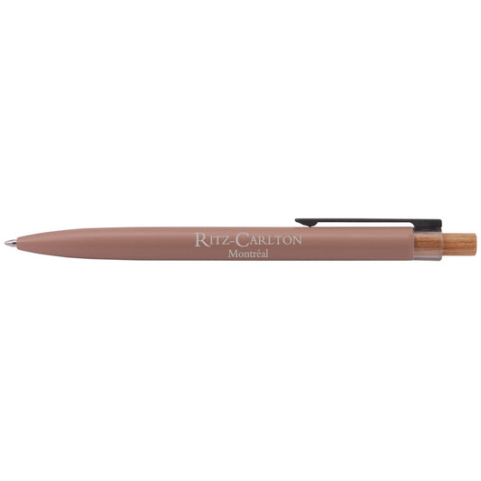 Impression M Stylo Crescendo 2040 ballpoint pen in matte taupe with bamboo accents and Ritz-Carlton logo branding.