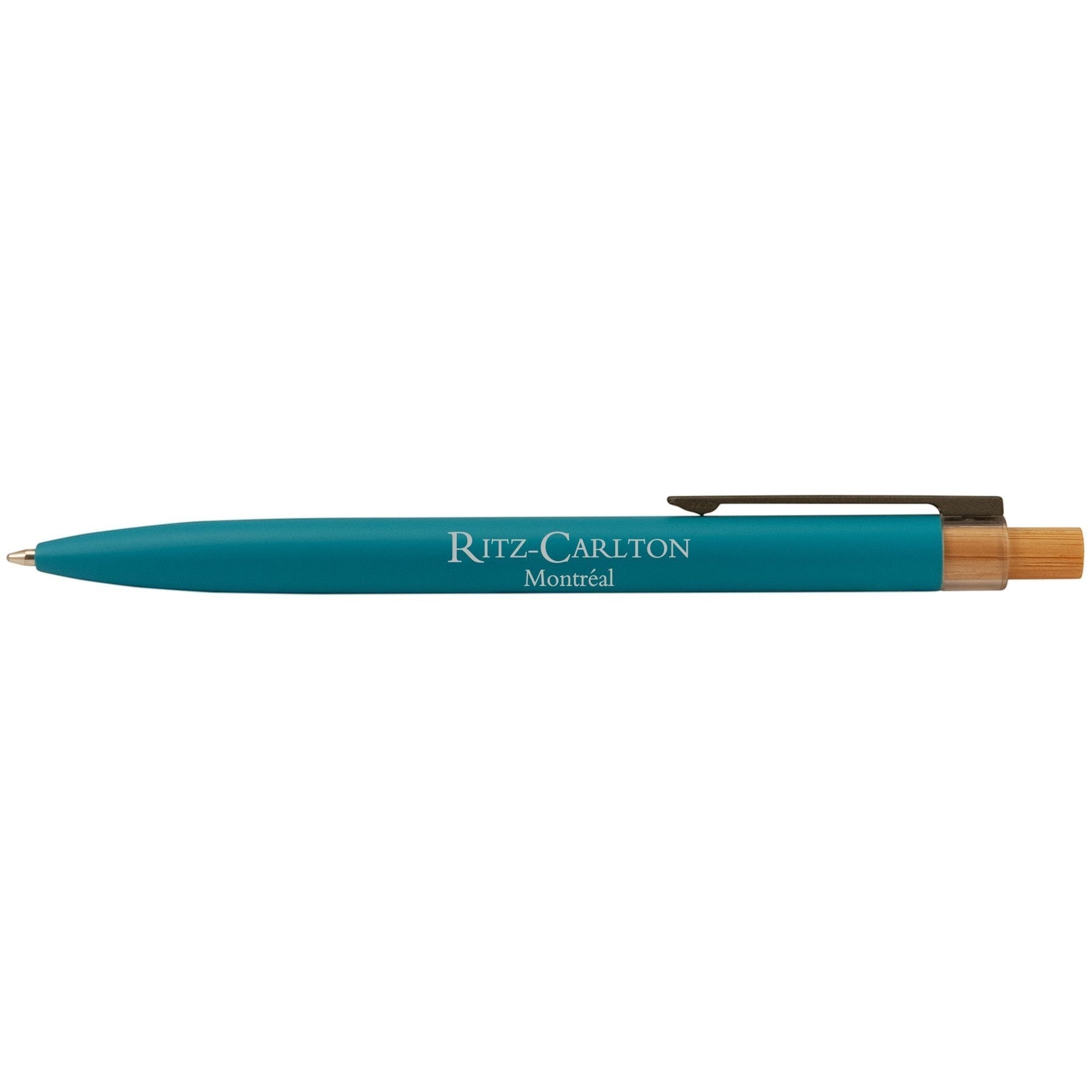 Impression M Stylo Crescendo 2040 teal recycled aluminum and bamboo click ballpoint pen with Ritz-Carlton branding