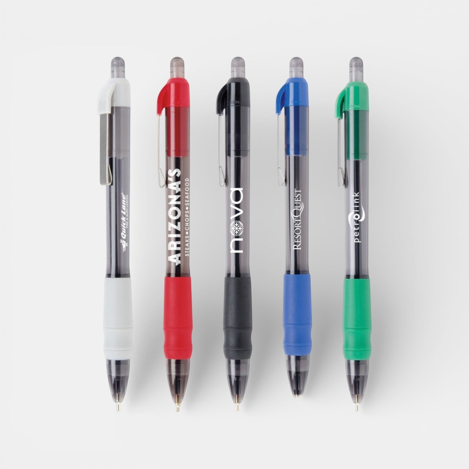Impression M Stylo MaxGlide Click retractable pens with translucent barrels, rubber grips, and custom logo branding
