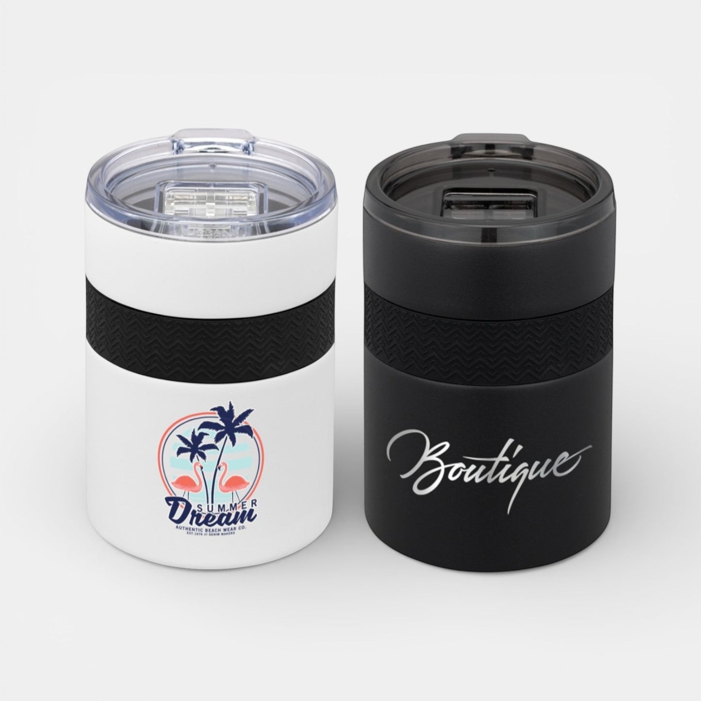 Impression M Urban Peak Bondi insulated stainless steel tumblers in white and black with silicone grip and lids.
