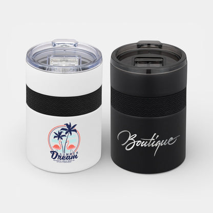 Impression M Urban Peak Bondi insulated stainless steel tumblers in white and black with silicone grip and lids.