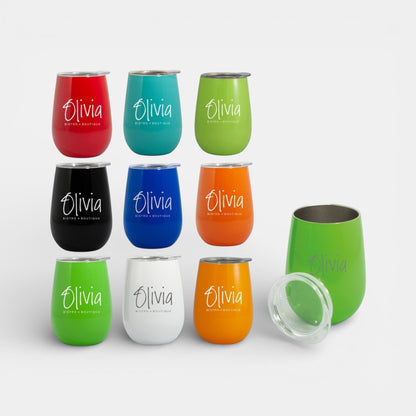 Impression M Vittis 2010 insulated tumblers in various colors with custom branding and clear splash-proof lids.