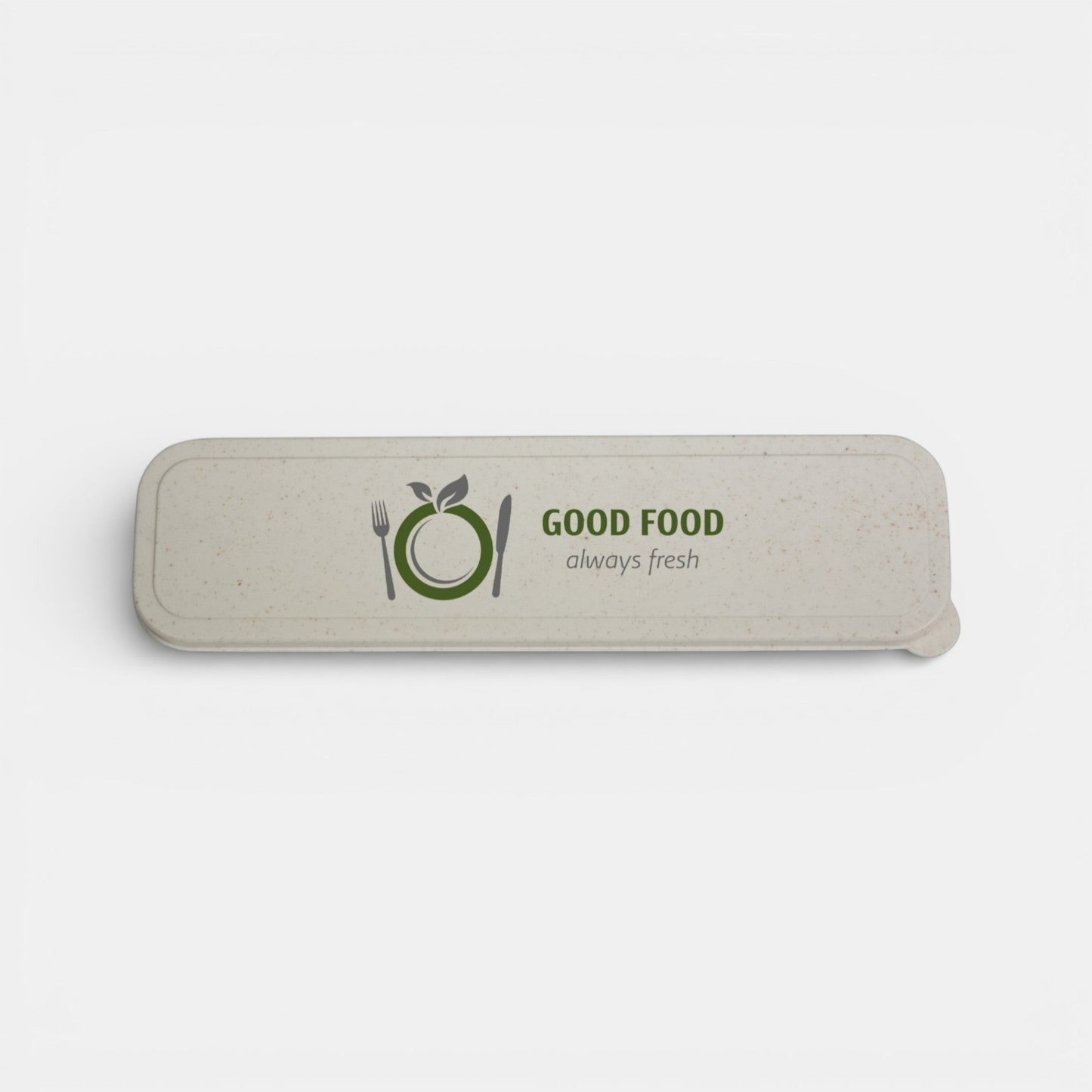 Impression M biodegradable wheat straw cutlery set case with Good Food always fresh logo in beige