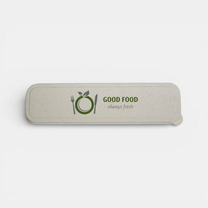 Impression M biodegradable wheat straw cutlery set case with Good Food always fresh logo in beige