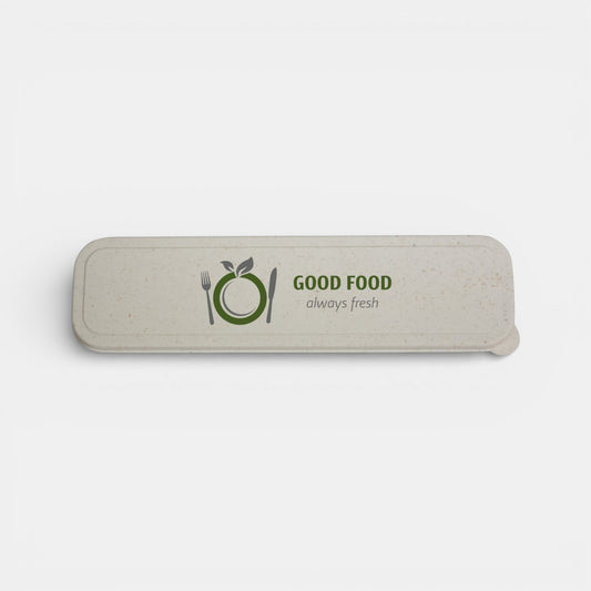 Impression M biodegradable wheat straw cutlery set case with Good Food always fresh logo in beige