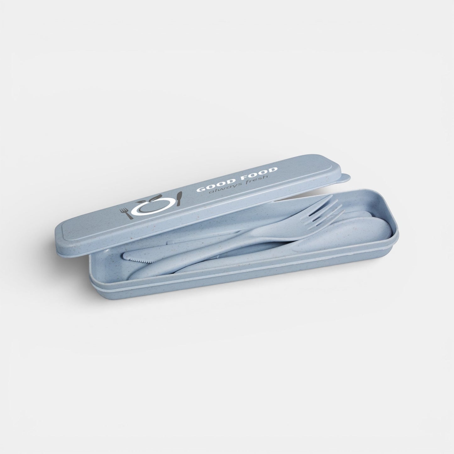 Impression M Hera 2028 biodegradable wheat straw cutlery set in light blue with a matching travel case