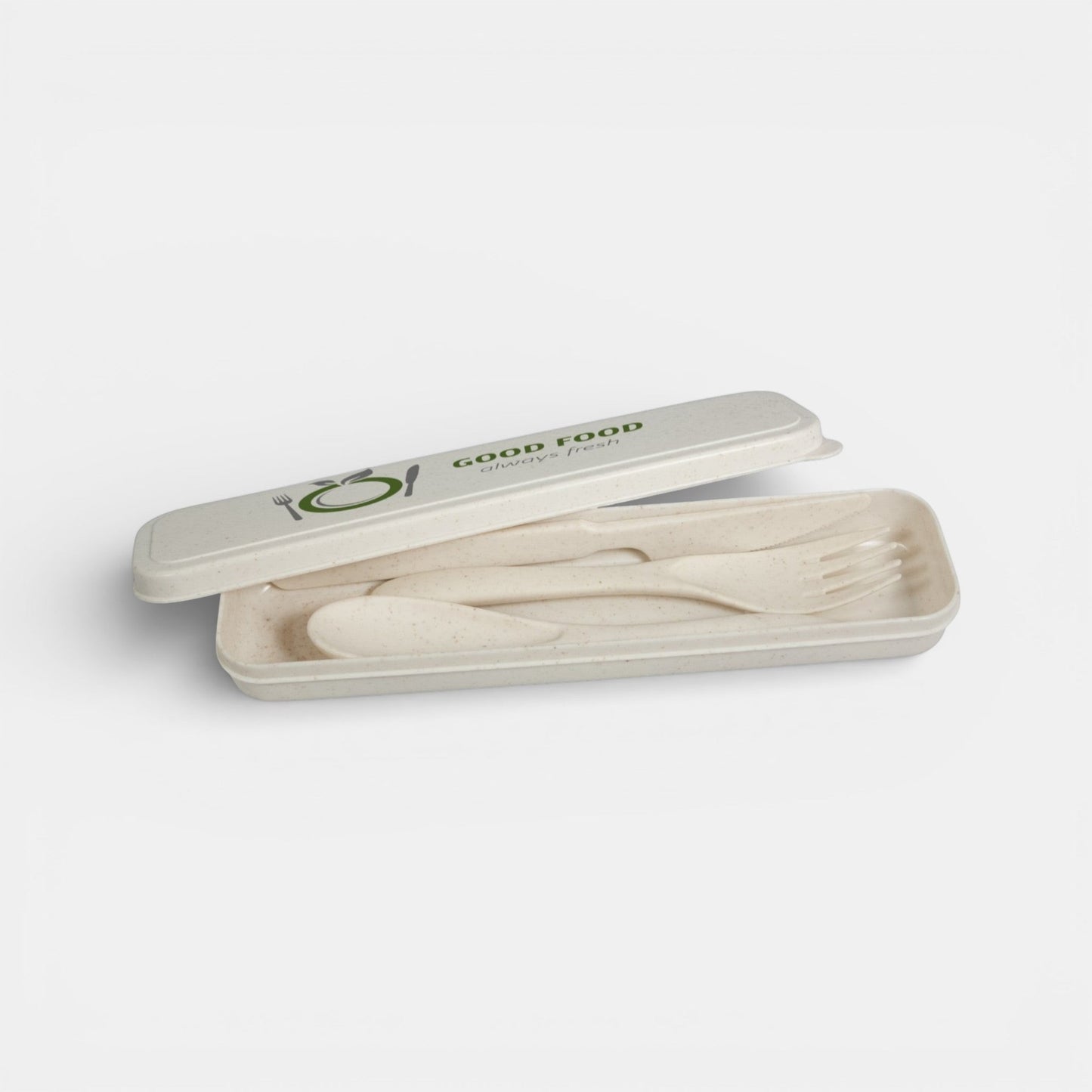Impression M biodegradable wheat straw cutlery set with fork, spoon, and knife in a matching travel case