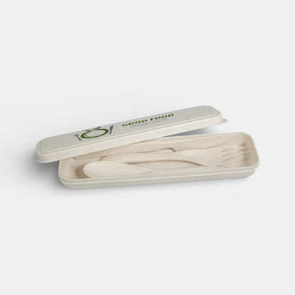 Impression M biodegradable wheat straw cutlery set with fork, spoon, and knife in a matching travel case