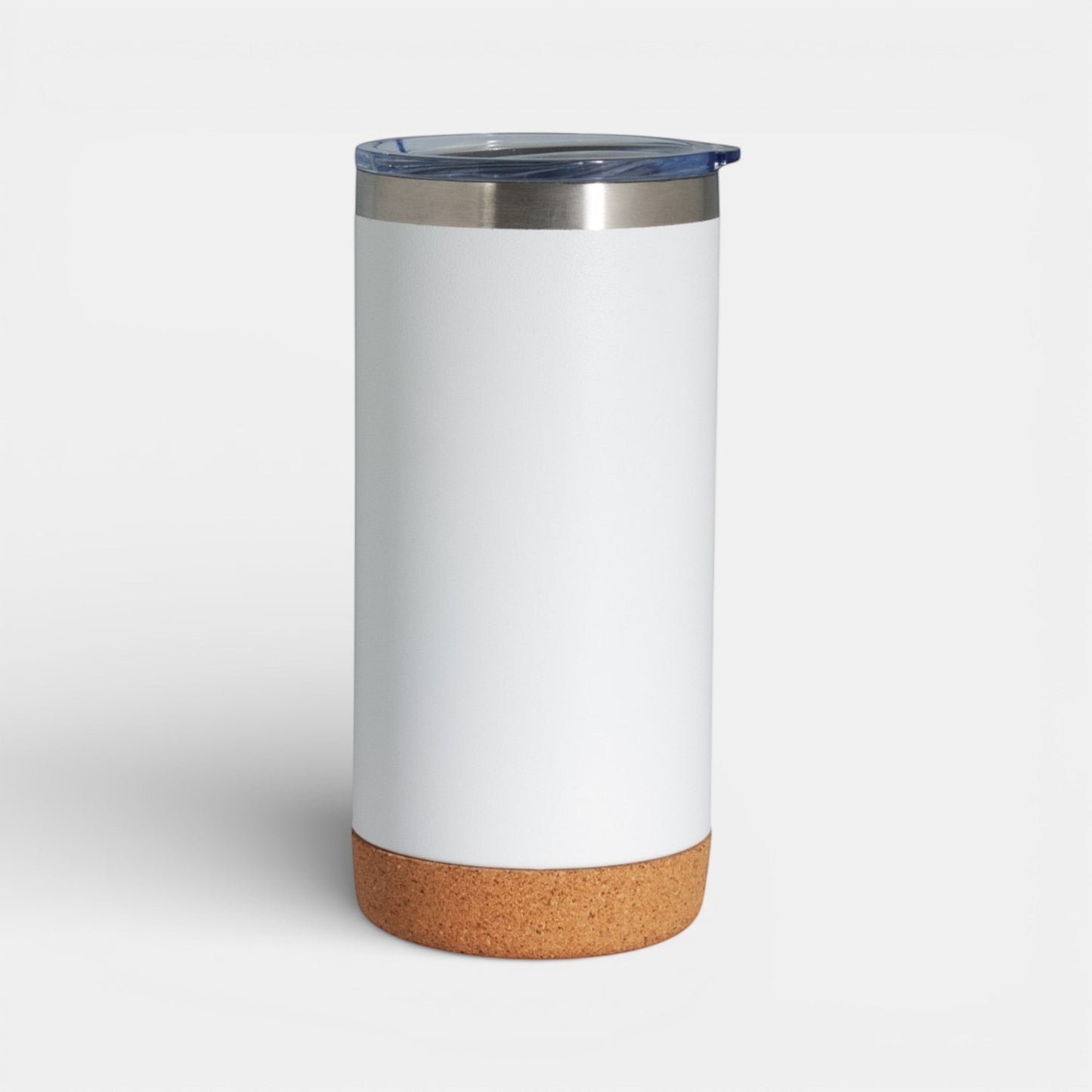 Impression M white 16 oz stainless steel insulated tumbler with a natural cork base and clear sliding lid.