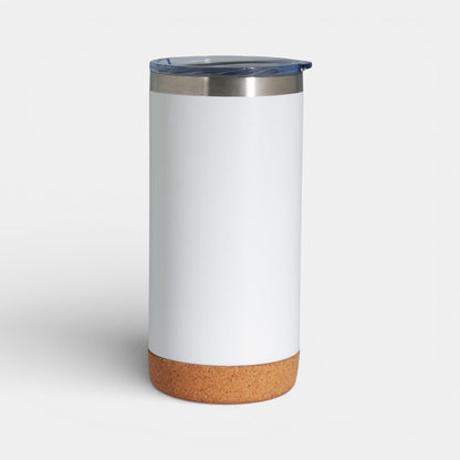Impression M white 16 oz stainless steel insulated tumbler with a natural cork base and clear sliding lid.