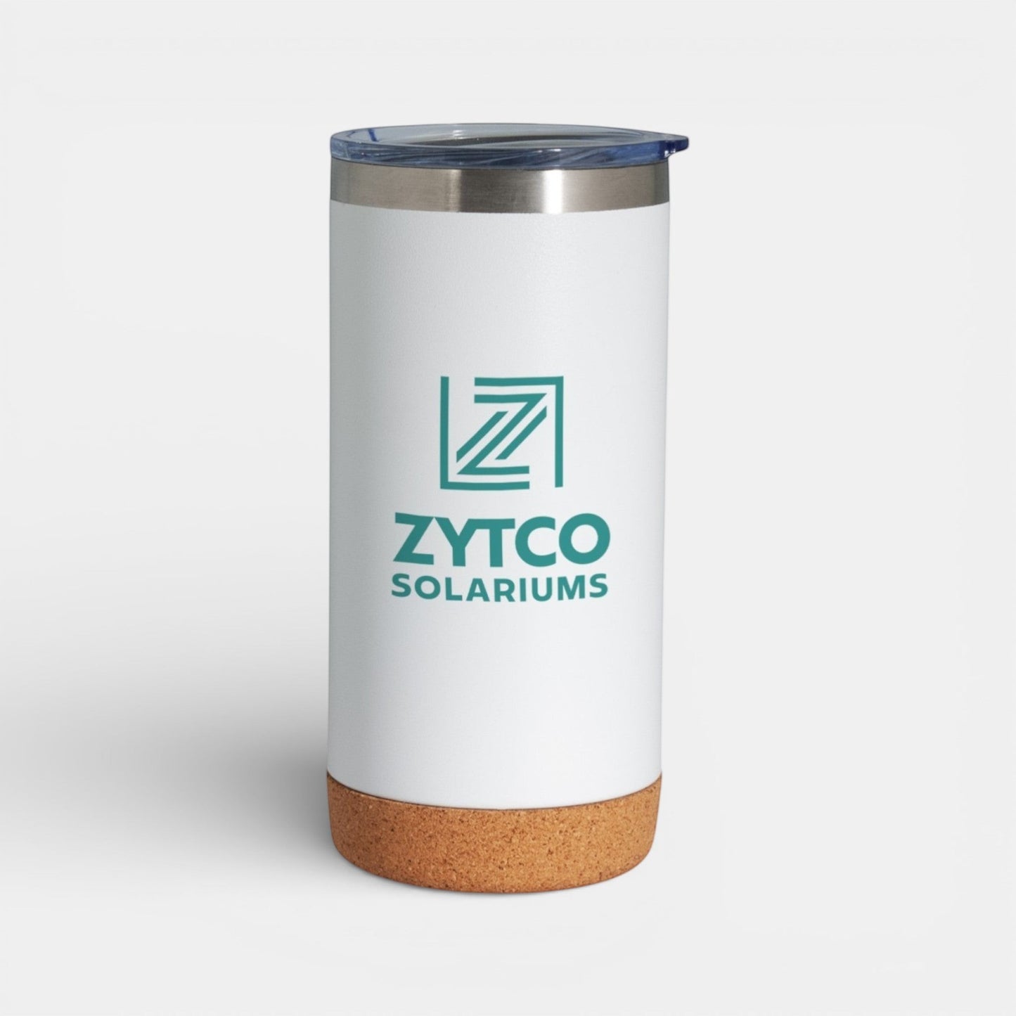 Impression M Lotus II 16 oz white stainless steel insulated tumbler with a natural cork base and clear lid.