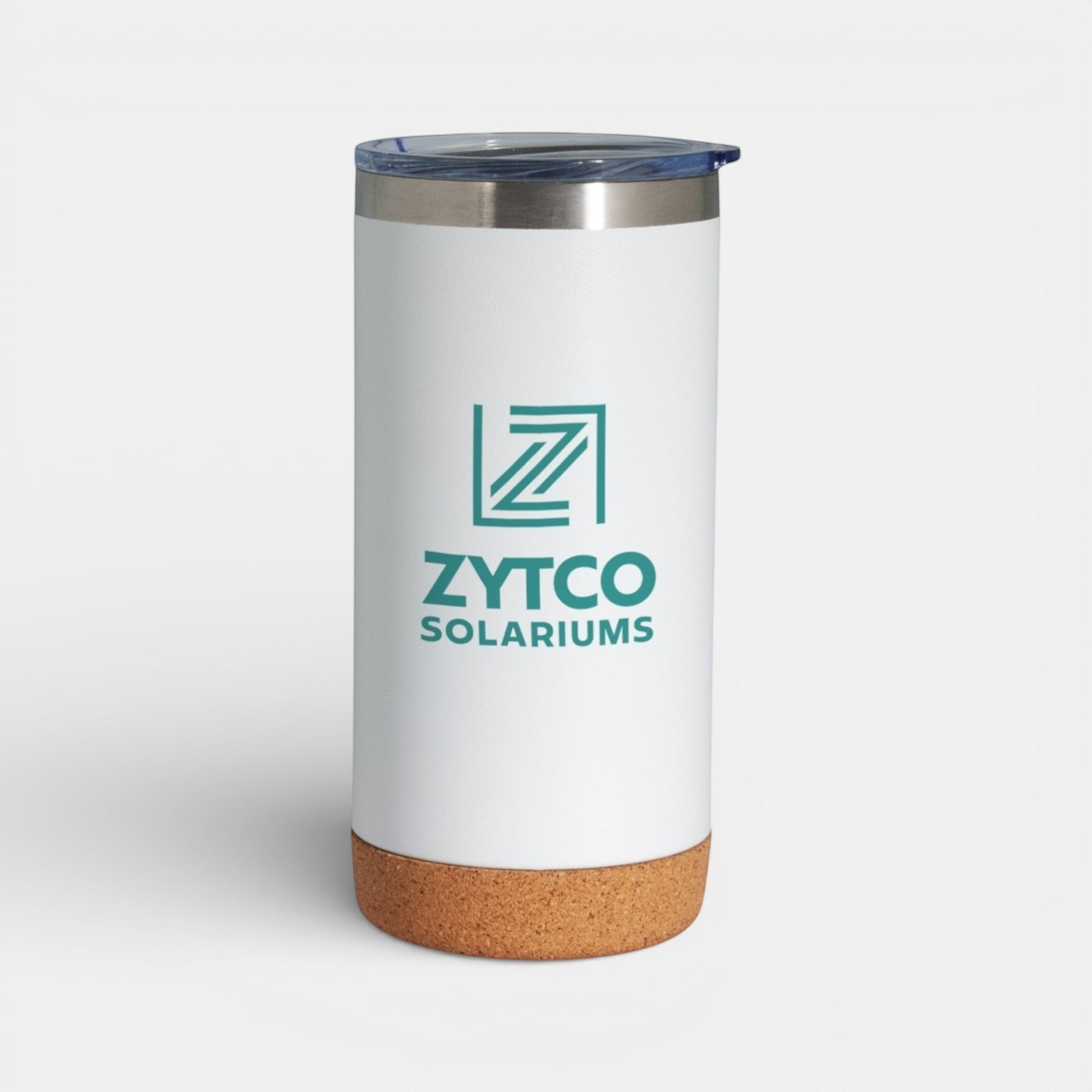 Impression M Lotus II 16 oz white stainless steel insulated tumbler with a natural cork base and clear lid.