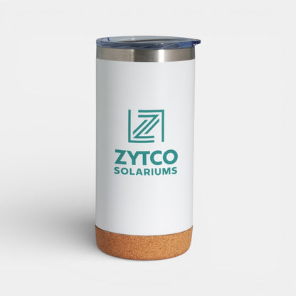 Impression M Lotus II 16 oz white stainless steel insulated tumbler with a natural cork base and clear lid.