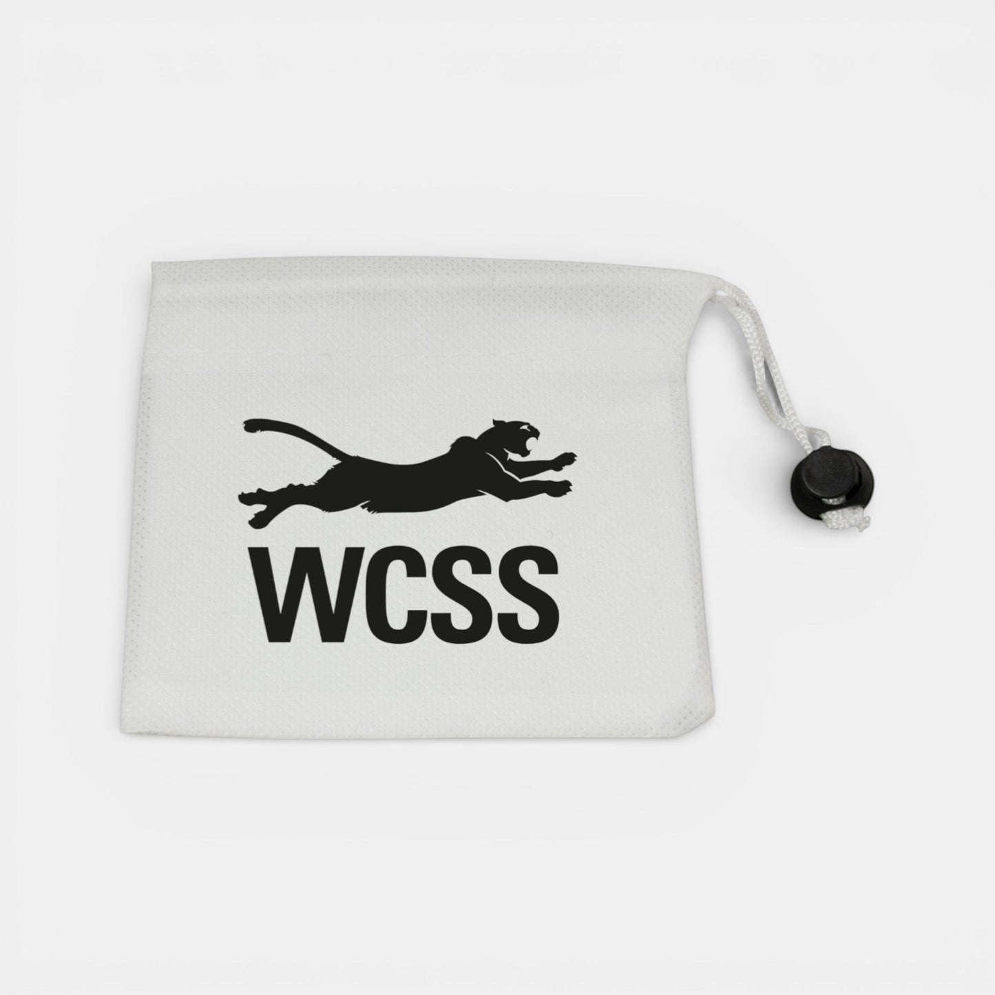Impression M white non-woven polypropylene drawstring pouch for wheel nuts and tools with a black panther logo