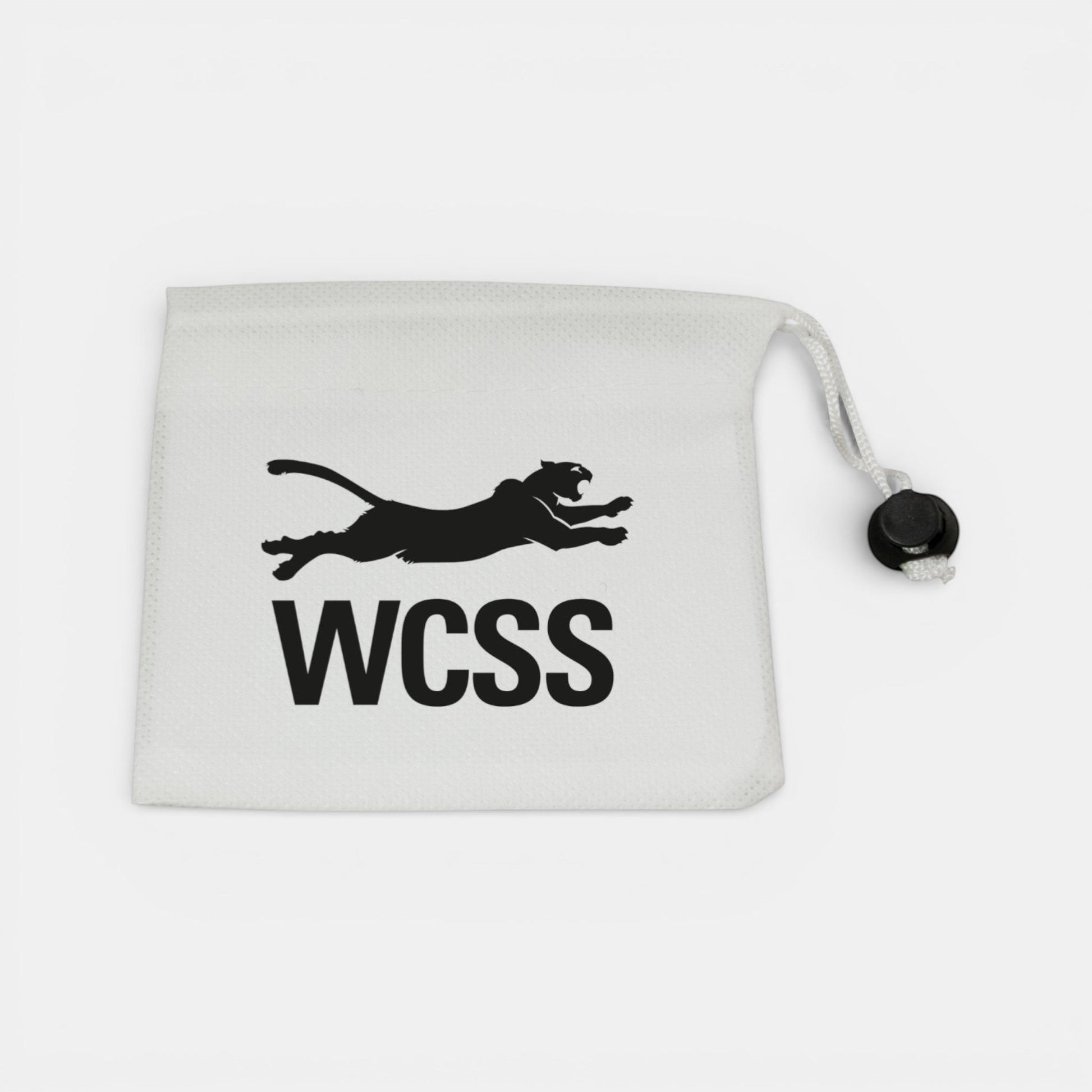 Impression M white non-woven polypropylene drawstring pouch for wheel nuts and tools with a black panther logo
