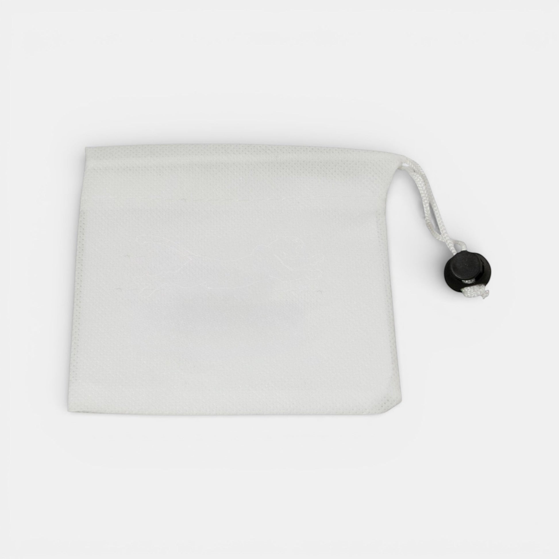 Impression M white non-woven polypropylene drawstring pouch for wheel nuts and small tools, 11.4 cm square.