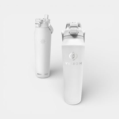 Impression M white Frost Buddy stainless steel insulated water bottle with leak-proof lid and custom logo branding.