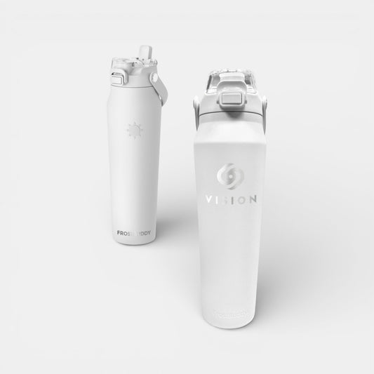 Impression M white Frost Buddy stainless steel insulated water bottle with leak-proof lid and custom logo branding.