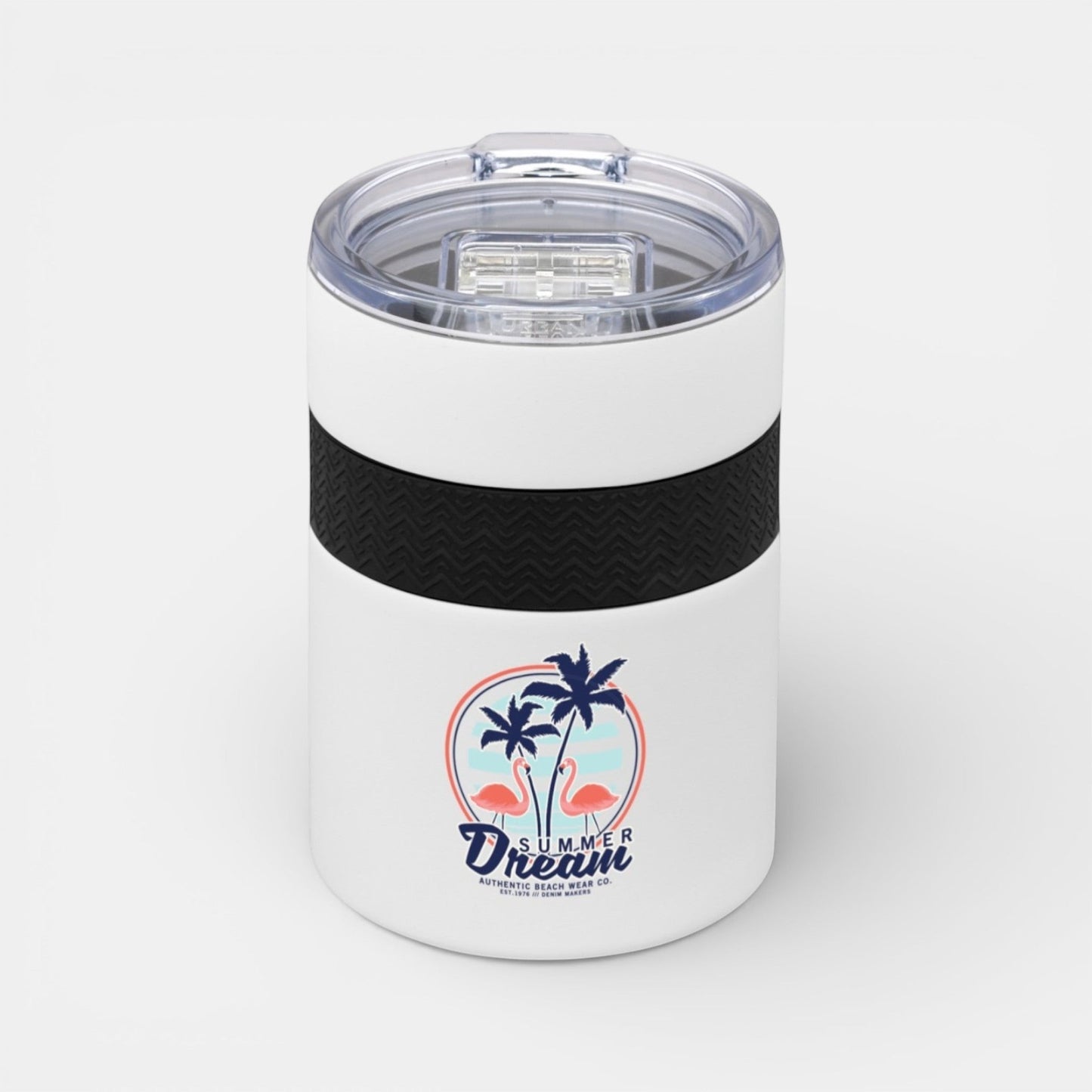 Impression M Urban Peak Bondi white insulated tumbler with Summer Dream flamingo graphic and black silicone grip.