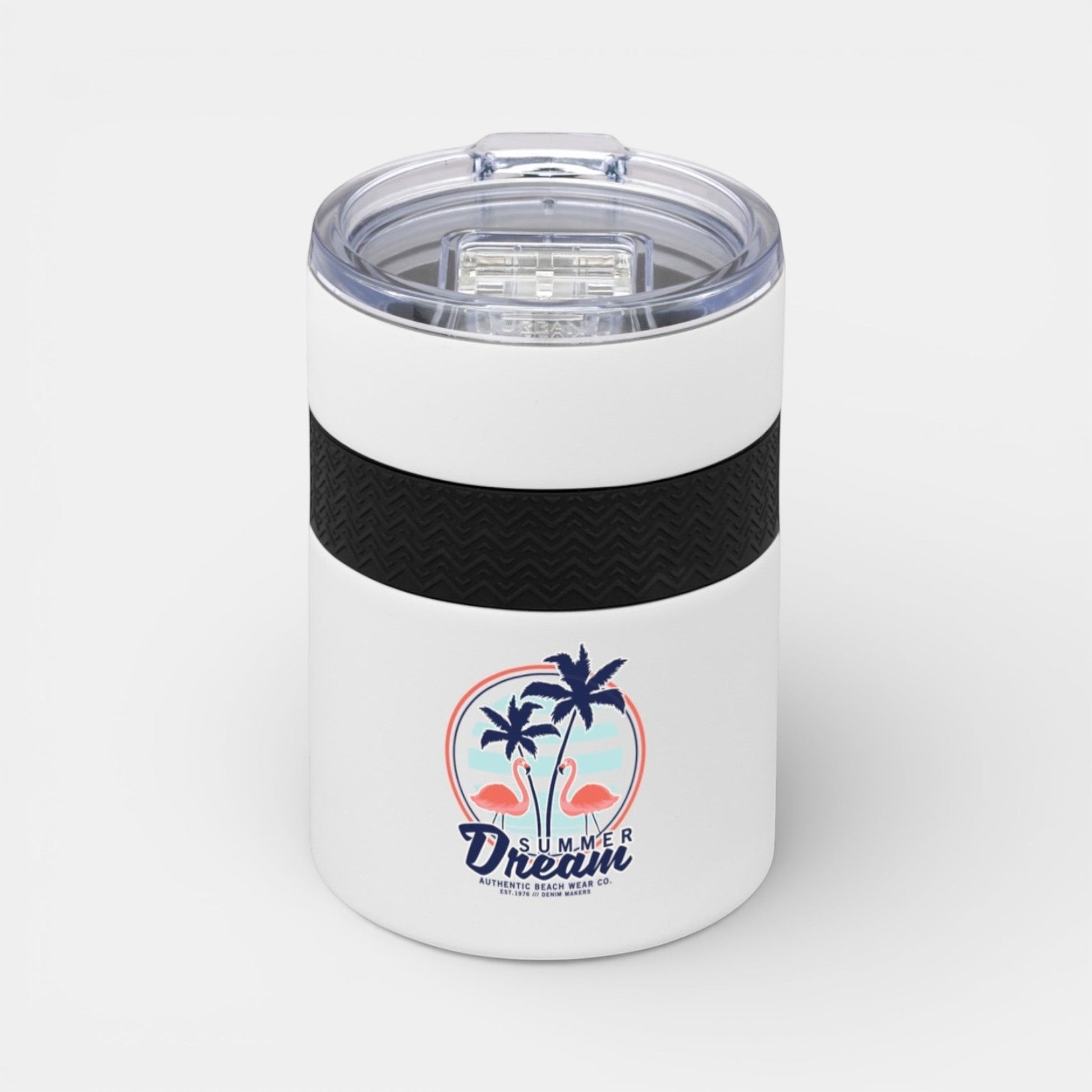 Impression M Urban Peak Bondi white insulated tumbler with Summer Dream flamingo graphic and black silicone grip.