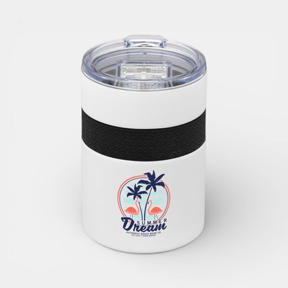 Impression M Urban Peak Bondi white insulated tumbler with Summer Dream flamingo graphic and black silicone grip.
