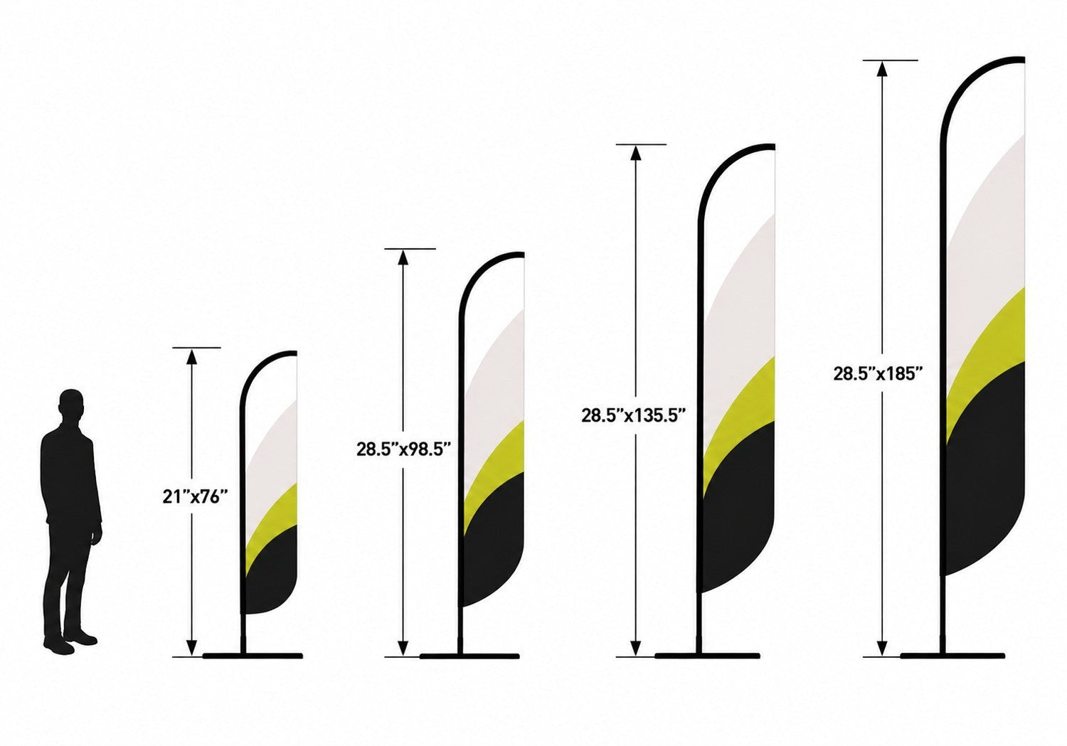 Impression M Windsail promotional flags in four sizes with black, lime green, and white graphic design on polyester.